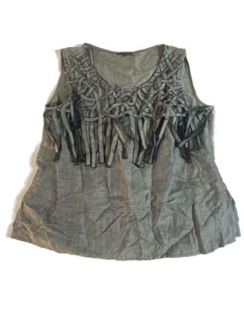 My Way Denim Blue Linen Blend Sleeveless Top with Woven Fringe Trim